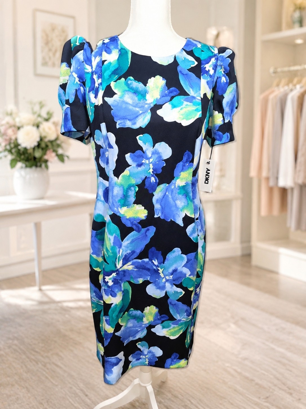 NWT DKNY Blue Floral Puff Sleeve Sheath Dress Size 12 - Picture 2 of 8